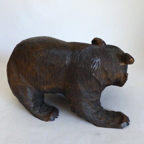 VINTAGE LARGE HOKKAIDO JAPAN JAPANESE AINU HAND CARVED WOOD BEAR WITH SALMON - Picture 5 of 14